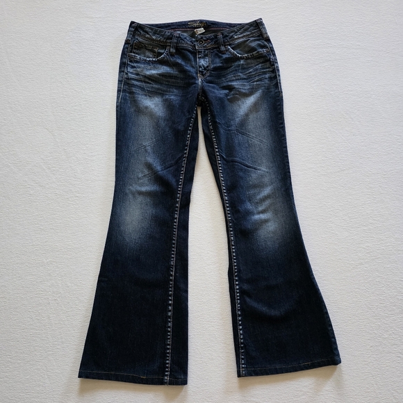 Silver Jeans Aiko Lowrise Flare Bootcut Jeans Mid Dark Wash Denim Blue Cotton - Picture 12 of 13
